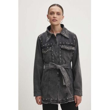 Answear Lab geacă din denim femei, culoarea gri, de tranziție, oversized
