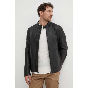 Boss Orange geaca de piele barbati, culoarea negru, de tranzitie, 50518270