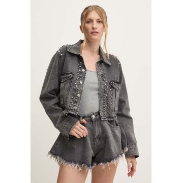 Answear Lab geacă din denim femei, culoarea gri, de tranziție, oversized