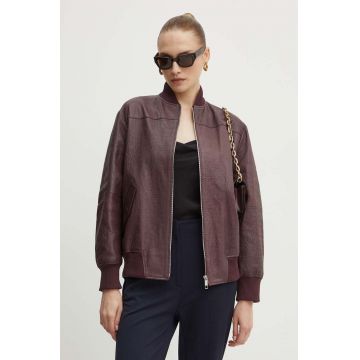 BOSS geaca bomber de piele femei, culoarea bordo, de tranzitie, 50521929