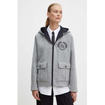 Elisabetta Franchi geaca de lana culoarea gri, de tranzitie, GB00146E2 Elisabetta Franchi geaca de lana culoarea gri, de tranzitie, GB00146E2