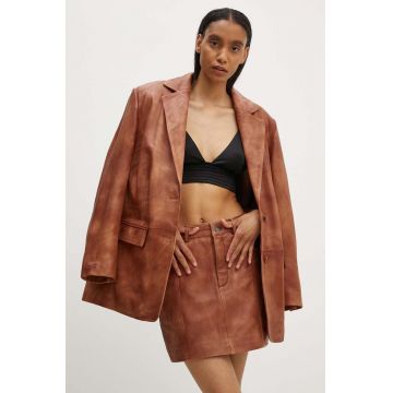 Gestuz geaca de piele femei, culoarea maro, de tranzitie, oversize, 10909245