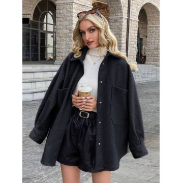 Jacheta cu nasturi si buzunare, negru, dama, Shein