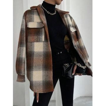 Jacheta cu nasturi si imprimeu, maro, dama, Shein