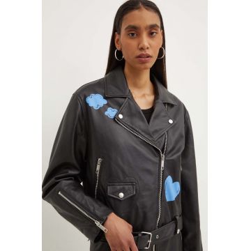 Moschino Jeans geaca ramones de piele femei, culoarea negru, de tranzitie, 3710.8216