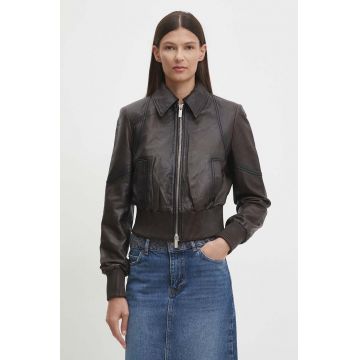 Remain geaca de piele Short Bomber Jacket femei, culoarea maro, de tranzitie, 501933493 Remain geaca de piele Short Bomber Jacket femei, culoarea maro, de tranzitie, 501933493