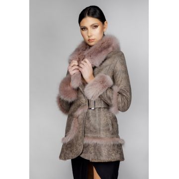 Cojoc de Dama din Blana de Miel si Vulpe Argintie -  Norvegia Crem Imprimat