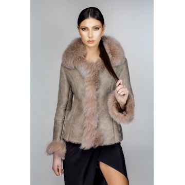 Geaca de Dama din Blana de Miel si Vulpe Argintie - Model Sofia - Crem