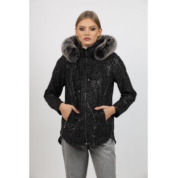 Geaca de Dama din Piele de Miel Imprimata si Gluga Detasabila din Blana de Vulpe Argintie - Model Lidia - Negru