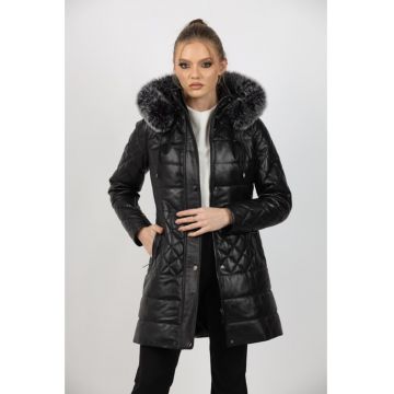 Geaca de Dama din Piele de Miel si Gluga din Blana de Vulpe Argintie - Model Ana - Negru