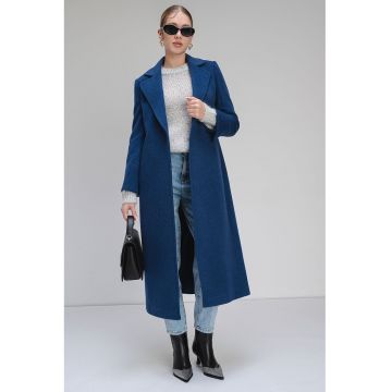 Palton din lana virgina cu croiala petrecuta Longrun - Albastru melange