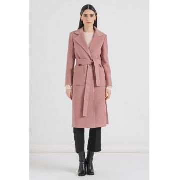 Palton din lana virgina cu croiala petrecuta Runaway - Roz prafuit