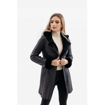 Palton din piele cu gluga Emilia Napalan - Negru