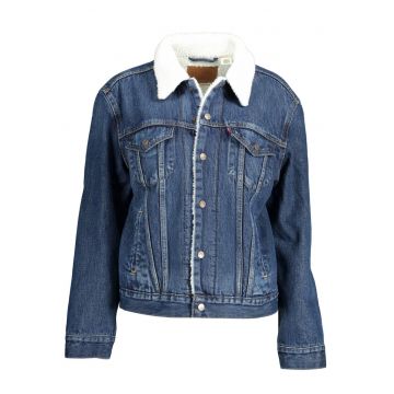 Jacheta  trucker de denim cu blana sherpa si buzunare pe piept - Albastru/Alb -