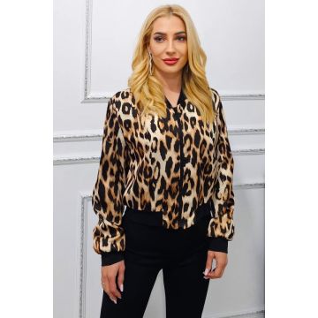 Jacheta bomber animal print Shayen, cu inchidere de tip fermoar, Bej, Marime S/M
