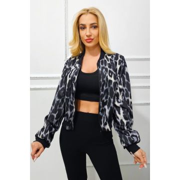 Jacheta bomber leopard print Shayen, cu inchidere de tip fermoar, Negru, Marime S/M