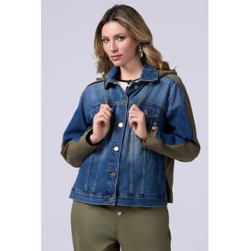 Jacheta din denim cu gluga si textura dubla