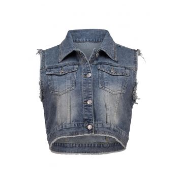 Vesta de denim cu buzunare pe piept