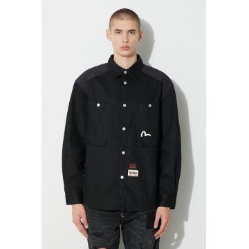 Evisu geacă din denim Seagull and Slogan Print bărbați, culoarea negru, de tranziție, 2EAHTM3SJ8004LFCT