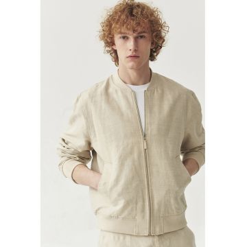 Jacheta din amestec de in cu fermoar si buzunare laterale - Bej deschis