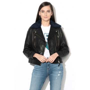 Jacheta biker de piele cu guler detasabil de blana sintetica