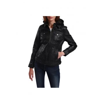 Jacheta dama  piele naturala - cu gluga - neagra - marimea XL