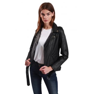 Jacheta de motociclist  piele de oaie naturala - neagra - cu guler clasic si fermoar la maneci -