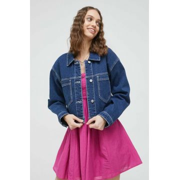 Abercrombie & Fitch geacă din denim femei, culoarea bleumarin, de tranziție, oversized Abercrombie & Fitch geacă din denim femei, culoarea bleumarin, de tranziție, oversized