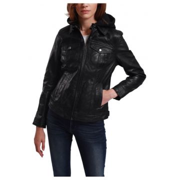 Geaca dama  Cooper - piele naturala - cu gluga detasabila - neagra -