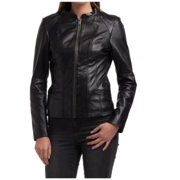 Geaca de piele -  neagra - croiala clasica - cu doua buzunare - pentru femei -