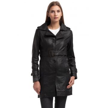 Geaca din piele  lunga - neagra - pentru femei - curea in talie -