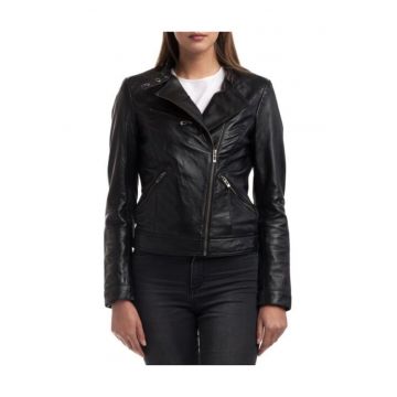 Geaca din piele pentru femei -  croiala clasica - fermoare pe maneci - neagra -