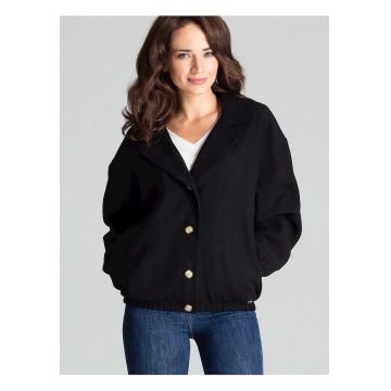 Geaca scurta -  neagra - cu maneci supradimensionate - buzunare laterale - poliester -