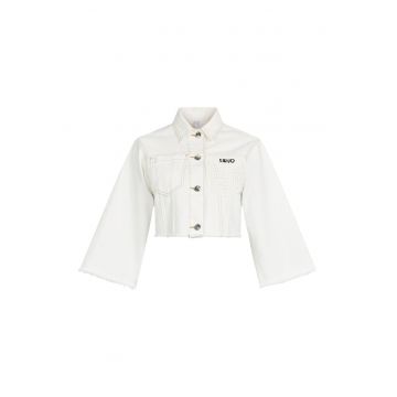 Jacheta crop de denim cu detaliu crosetat