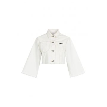 Jacheta crop de denim cu detaliu crosetat