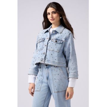Jacheta crop din denim cu aplicatii cu strasuri