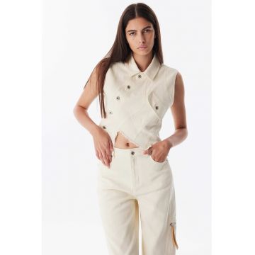 Jacheta crop din denim fara maneci cu terminatie asimetrica