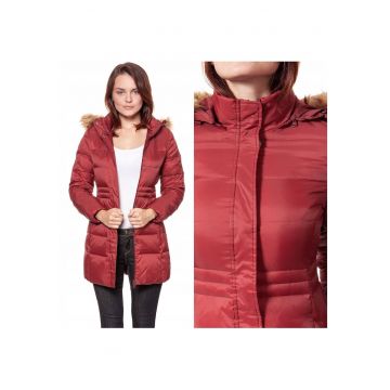 Jacheta de iarna pentru femei  LONG PUFFER XS - Poliamida - Jacheta - Uni - Cu gluga - Fermoar - Rosu