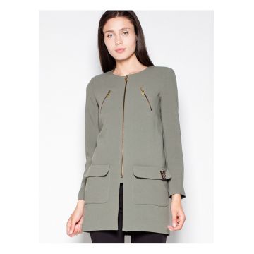 Palton dama  croiala dreapta - fermoar - buzunare decorative - verde - poliester