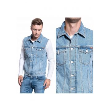 Vesta Fara Maneci -  Vesta Biker - Croiala Regulara - Inchidere: Nasturi - Compozitie Material: 100% Bumbac - Numar De Buzunare: 4 - M Intl - Albastru