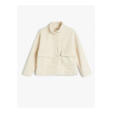 Jacheta din blana shearling sintetica cu buzunare - Alb