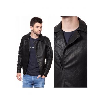 Geaca Barbati -  Model PU LEATHER - Imitatie De Piele - Croiala Slim Fit - Cu Fermoar - Buna Pentru Zile Reci Si Tinute Urbane - Marimea XL - Negru
