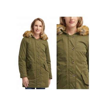 Geaca Dama De Iarna -  Model PARKA - Croiala Regular Fit - Cu Fermoar Si Nasturi - Cu Gluga Si Blanita Detasabila - Captusita Si Practica - Buna Pentru Iarna Si Tinute Zilnice - Marimea M - Verde