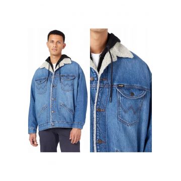 Jacheta Barbati -  Oversized Sherpa - Loose Fit - Nasturi - 100% Bumbac - 4 Buzunare - Calduroasa - Confortabila - Ideala Pentru Zile Mai Racoroase - Marimea L - Albastru Jeans
