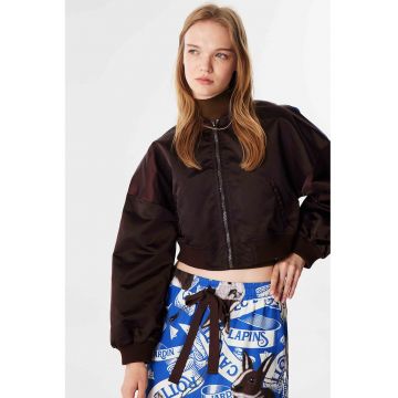 Jacheta bomber crop cu imprimeu pe partea din spate