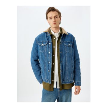 Jacheta din denim cu guler din material teddy