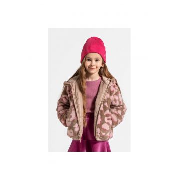 Geaca reversibila fete  cu gluga - motiv floral - poliester - maro/roz