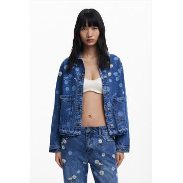 Jacheta din denim cu broderie si buzunare aplicate