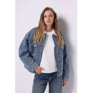 JAcheta lejera de denim cu guler de blana sintetica