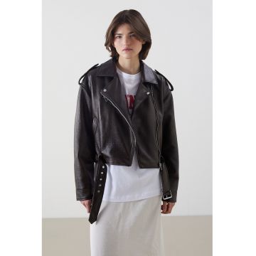 Jacheta biker crop din piele ecologica